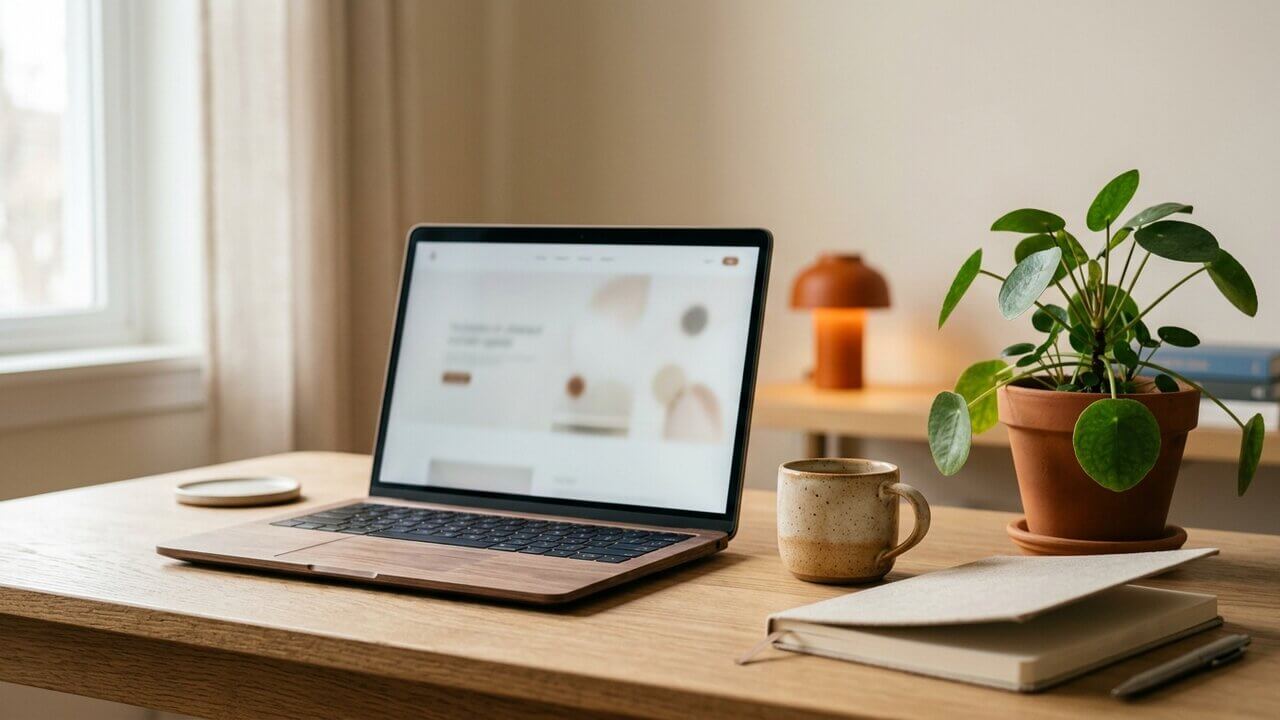 Warm home-office desk with laptop showing a website, photographed in soft daylight