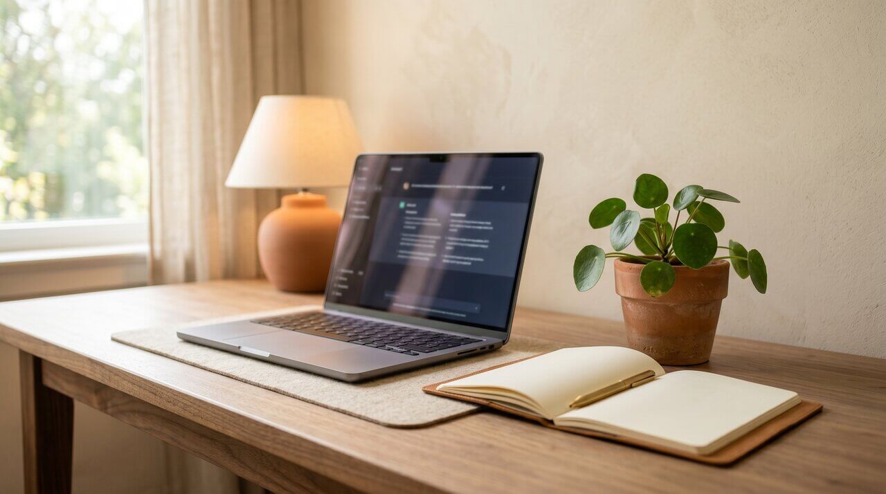 Modern beige office desk with laptop showing a soft AI chat dashboard