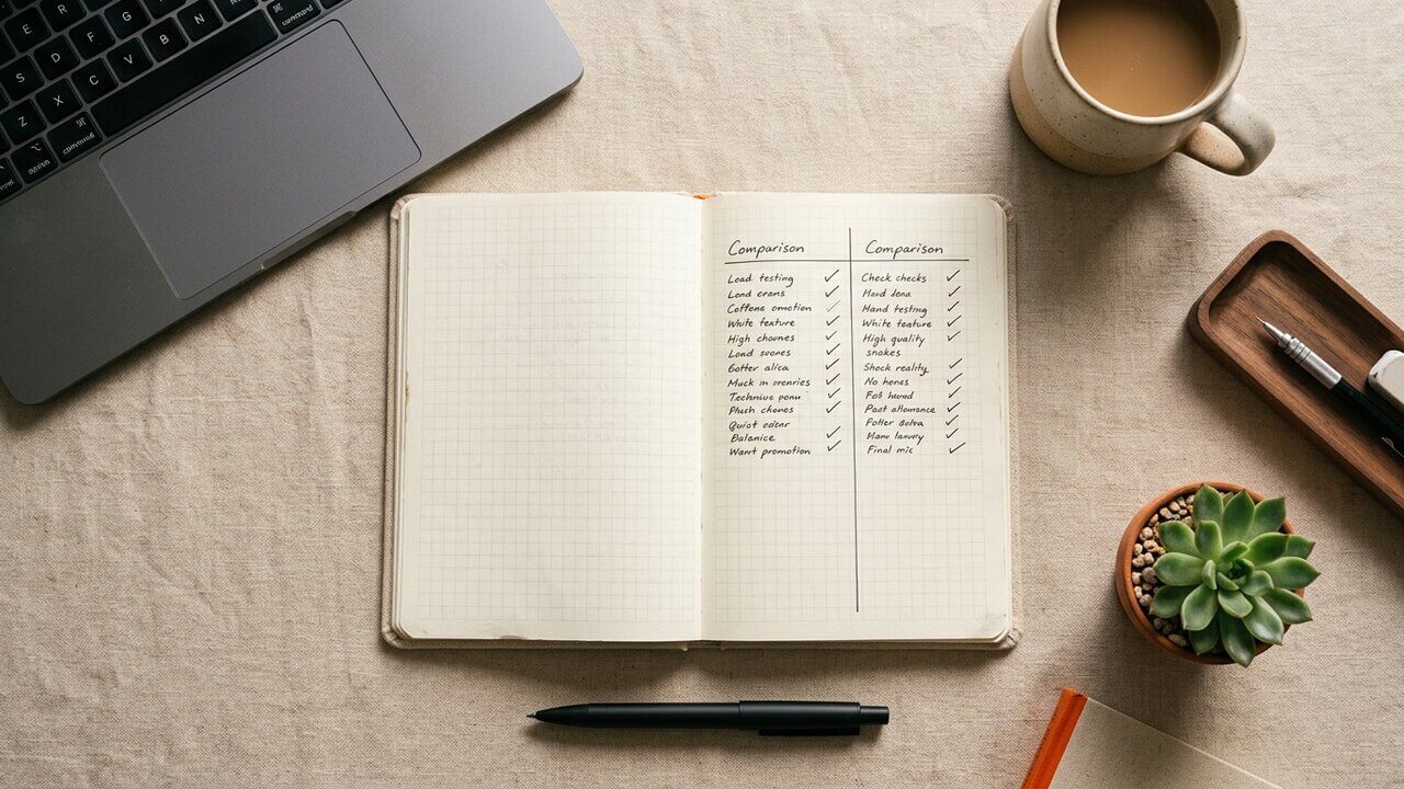 Editorial flat-lay of a notebook, pen and laptop on warm beige linen, photographed from above