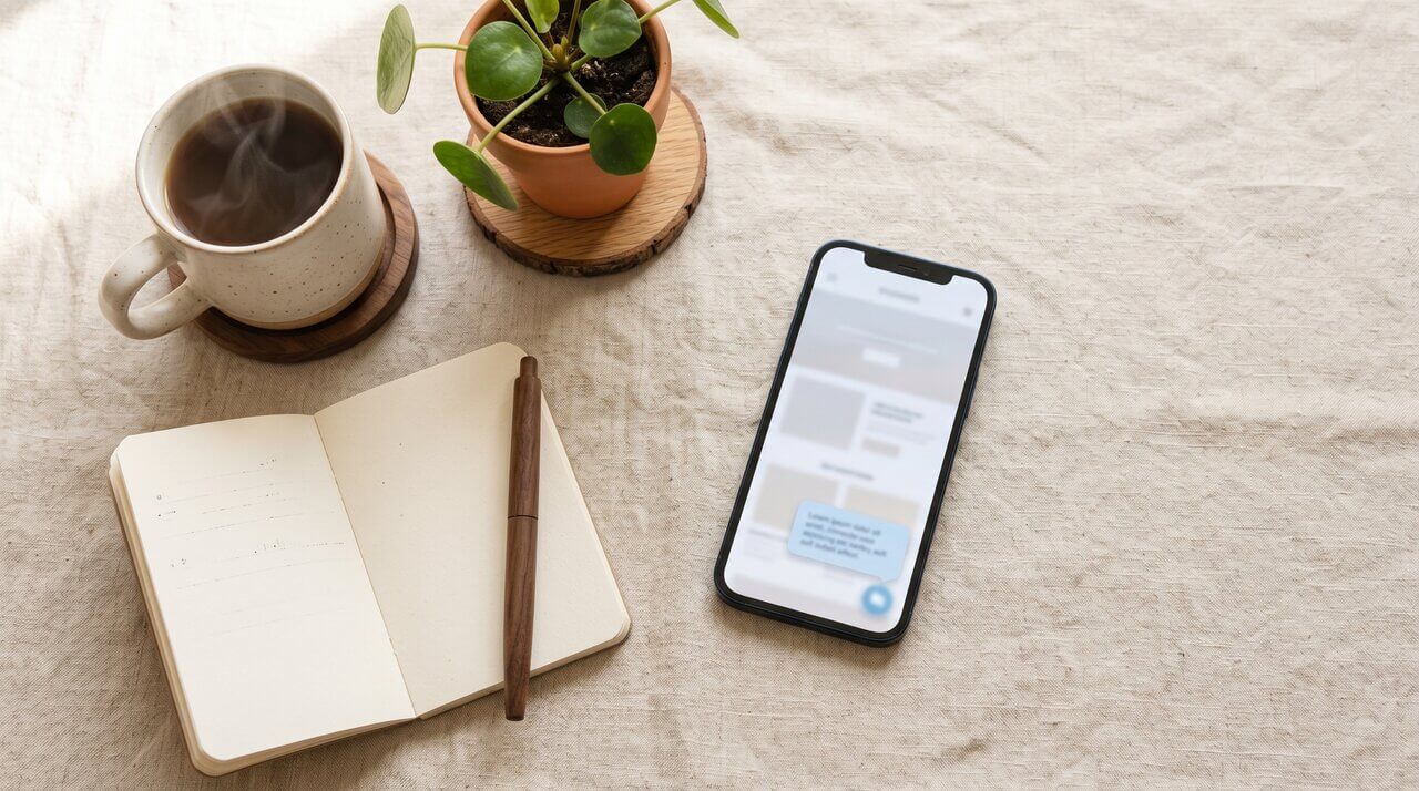 Editorial flat-lay of a smartphone showing a chat widget on warm beige linen