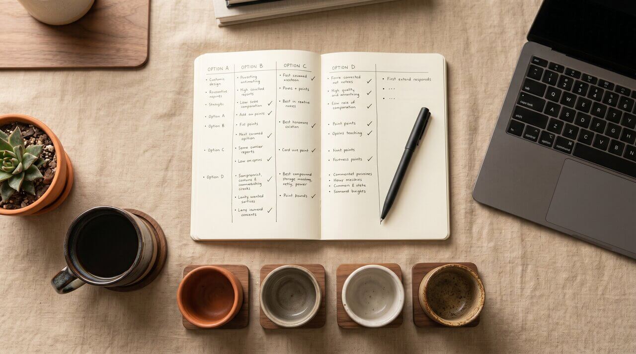 Editorial overhead flat-lay of a notebook with comparison columns and ceramic cups