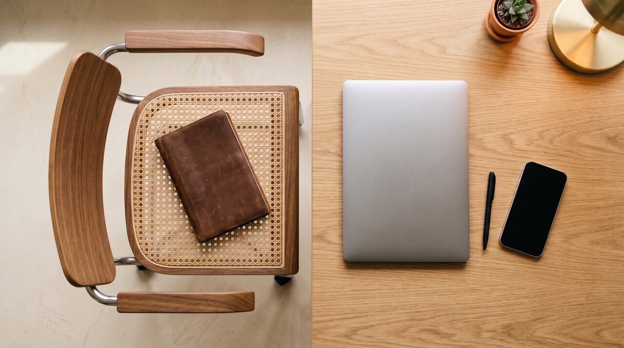 Editorial split composition with empty office chair and a closed laptop on a beige desk