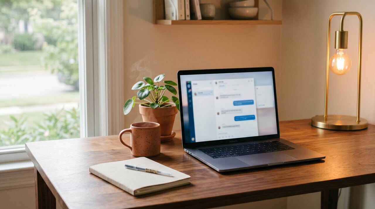 Warm minimalist customer-service workspace with laptop, mug and brass lamp on walnut desk