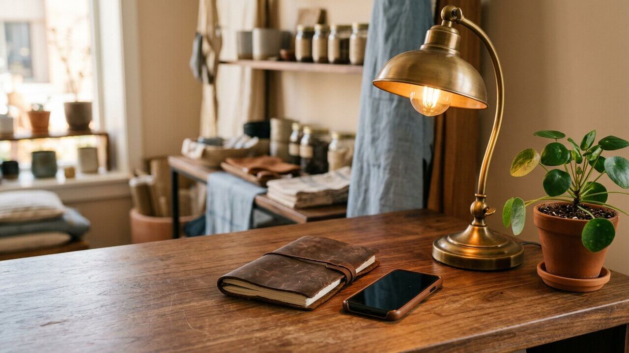 Warm small-business shop counter with phone, notebook and brass lamp, no people