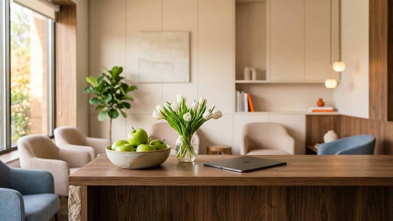 Modern friendly dental practice reception desk with warm wood and white tulips, no people