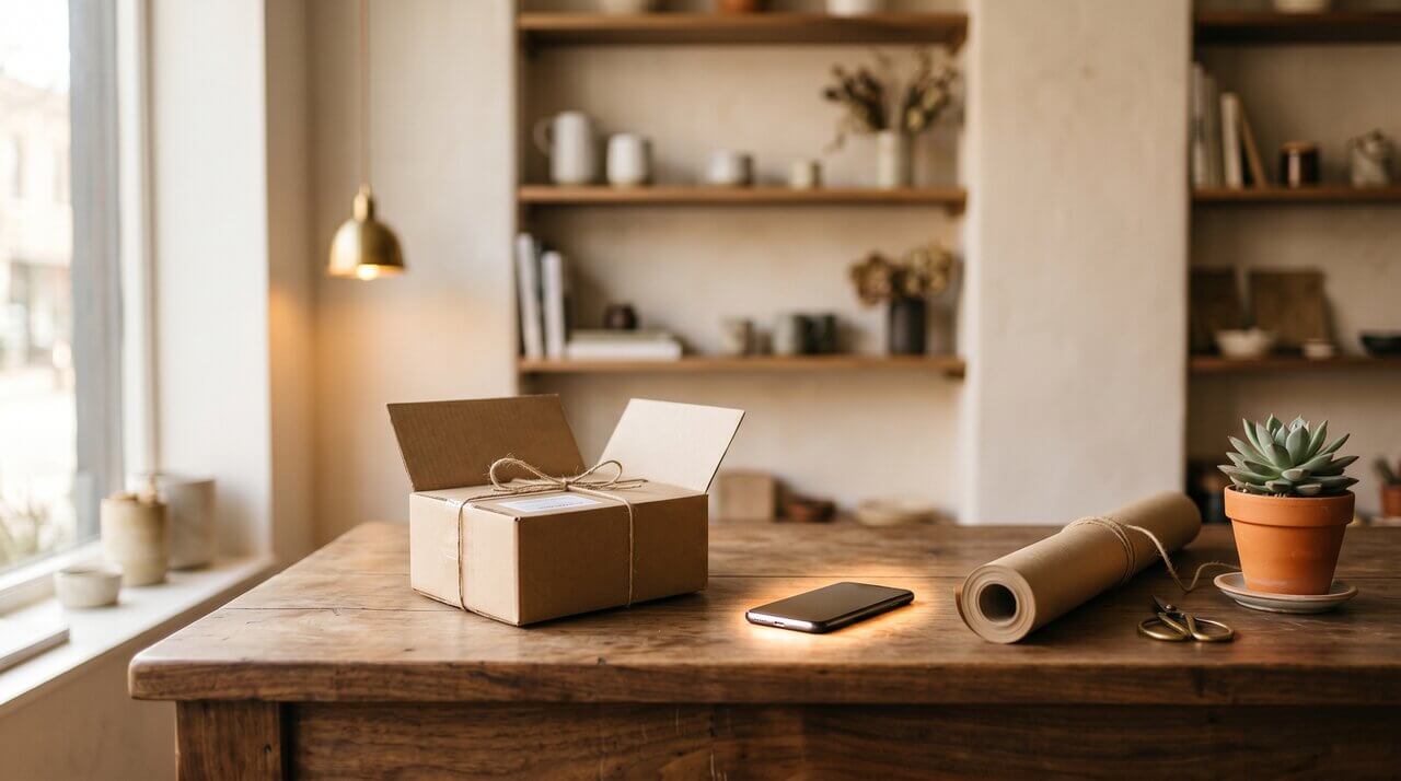 Warm small-shop interior with shipping box, smartphone and kraft paper, no people