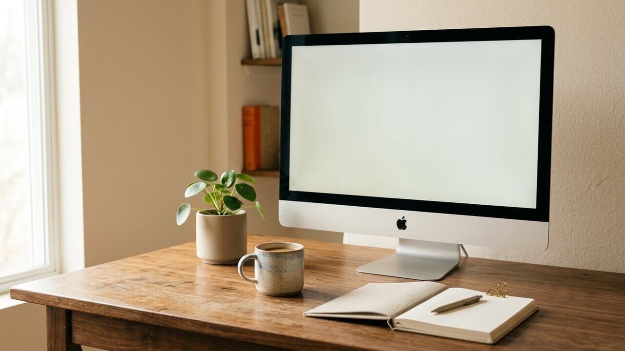 Tidy small-business workspace with laptop on warm wood table, photographed from above