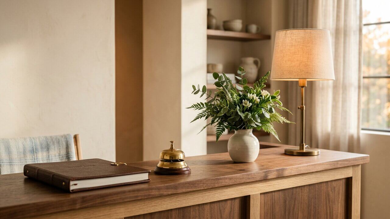 Boutique hotel reception desk with brass bell and leather guest book, warm light, no people