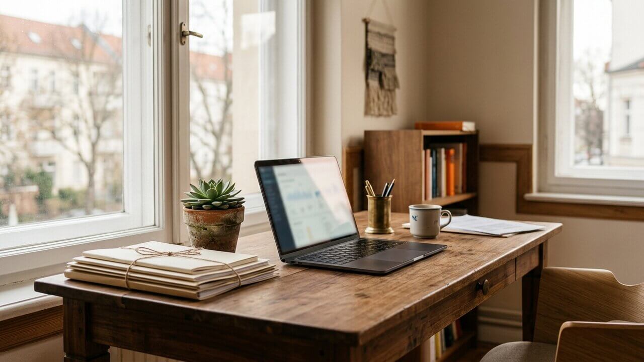 Warmes deutsches Mittelstand-Büro mit Holzschreibtisch und Laptop am Fenster