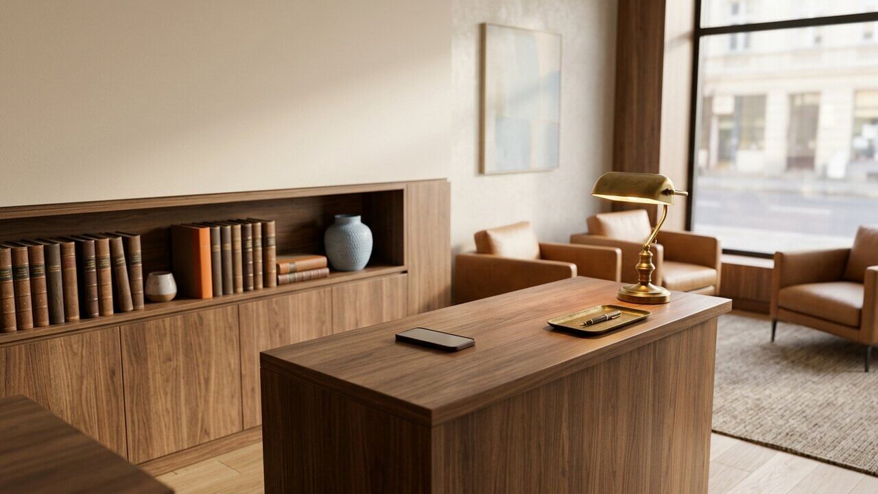 Calm modern law-firm reception desk with leather books and warm wood, no people