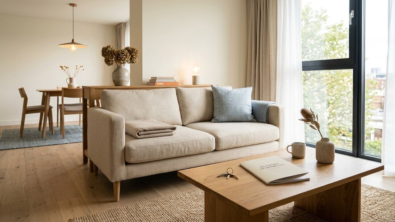 Bright modern apartment interior staged for a real-estate viewing, no people