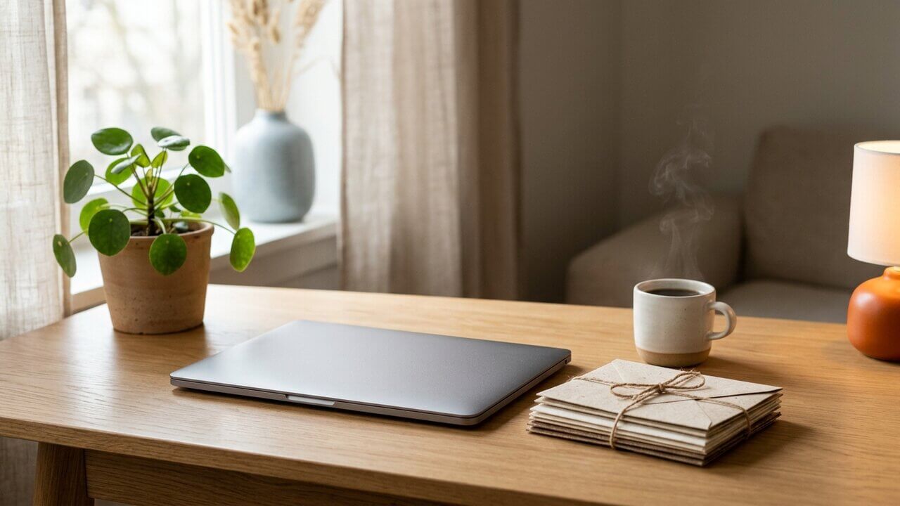 Minimalist desk with closed laptop and a tidy stack of envelopes, calm warm tones
