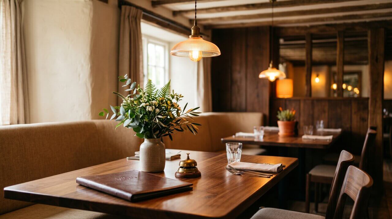 Cozy restaurant table with closed leather menu, brass bell and warm pendant lamp