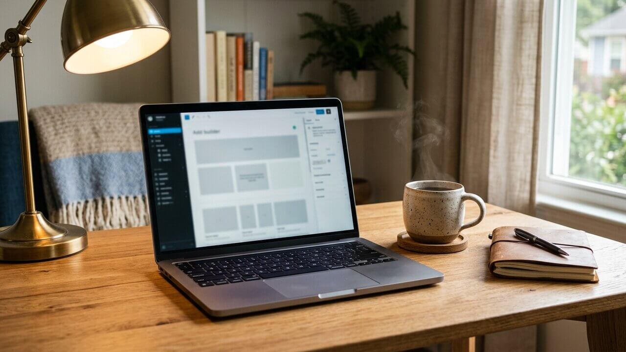 Cozy home-office with laptop, mug and brass lamp on an oak desk